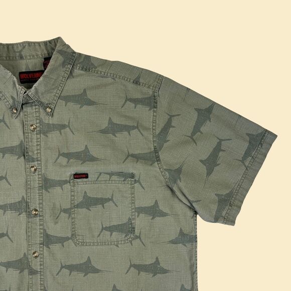 1990s Wolverine XXL swordfish shirt, short sleeve green vintage 90s fish top - Picture 5 of 8